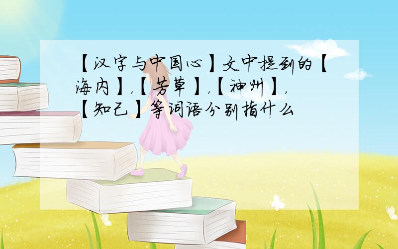 【汉字与中国心】文中提到的【海内】，【芳草】，【神州】，【知己】等词语分别指什么