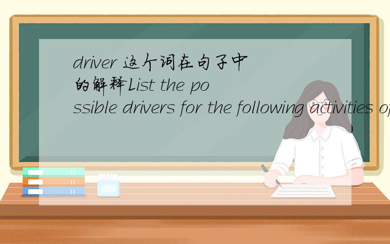 driver 这个词在句子中的解释List the possible drivers for the following activities of a DVD player manufacturer;